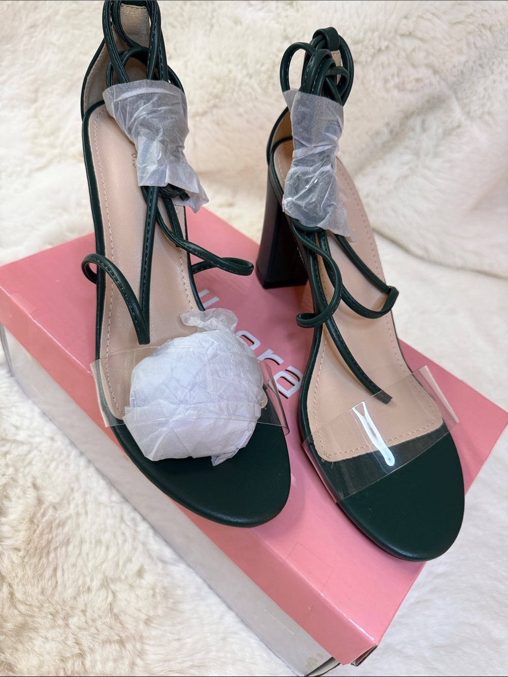 Allegra K Dark Green Block Heel Sandals with Clear Strap